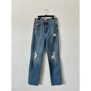 Current/Elliott Womens‎ High Rise Straight Leg Distressed Ripped Jeans Blue 25